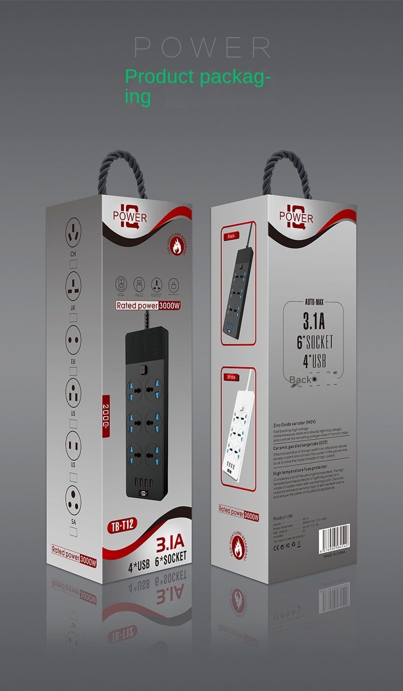 2024 New 3000W Power Strip With Built-in 4USB Interface, 6 Direct Power Sockets, 2M Cable, High-power Strip