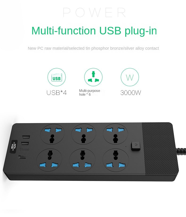 2024 New 3000W Power Strip With Built-in 4USB Interface, 6 Direct Power Sockets, 2M Cable, High-power Strip