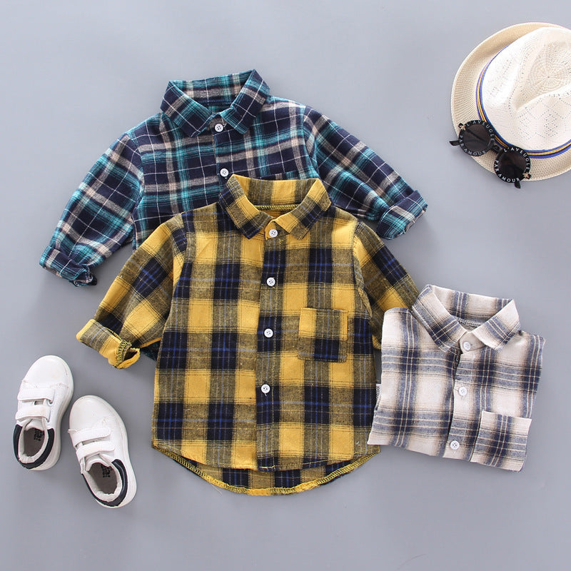 Boys And Girls Plaid Shirts Korean Style Loose Lapel Long Sleeves