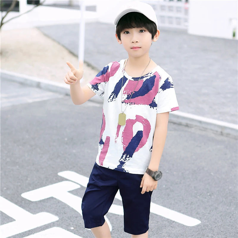 2024 New Summer Boys Clothing Set Casual Hip-hop Stripe Colorful T-Shirt + Pants 2Pcs Suit Kindergarten Performance Kids Clothes