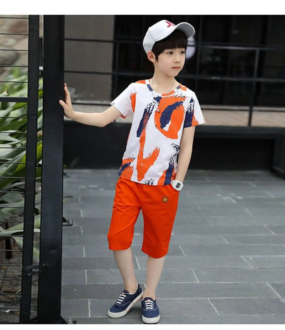 Boys Clothing Sets Summer 2024 Cotton Teenage Kids Boys Suit For 4 6 8 10 12 14 Years Children Short Sleeve Shirt Shorts Set