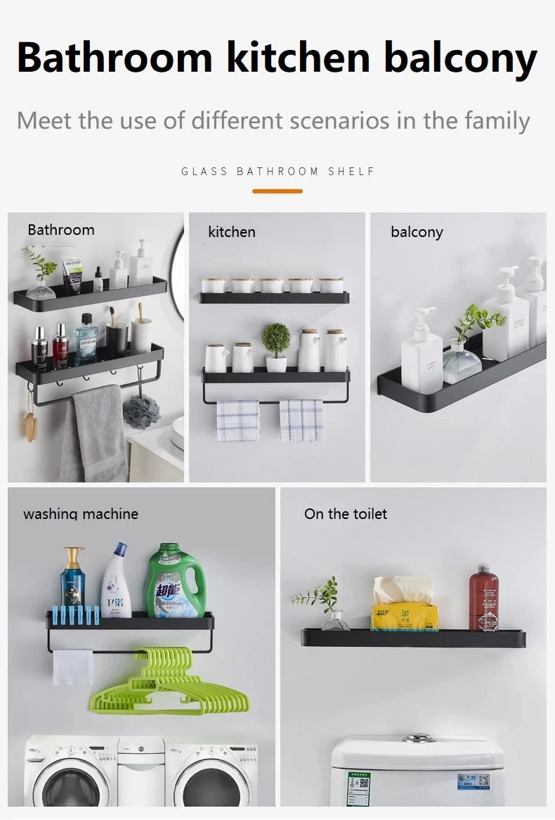 Bathroom Shelf No Drill Organizer Shower Storage Rack Black Corner Shelves Wall Mounted Aluminum Toilet Shampoo Holder