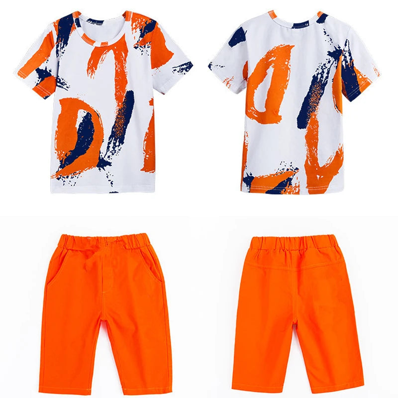 2024 New Summer Boys Clothing Set Casual Hip-hop Stripe Colorful T-Shirt + Pants 2Pcs Suit Kindergarten Performance Kids Clothes