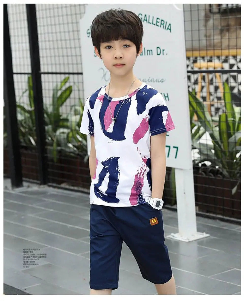 Boys Clothing Sets Summer 2024 Cotton Teenage Kids Boys Suit For 4 6 8 10 12 14 Years Children Short Sleeve Shirt Shorts Set