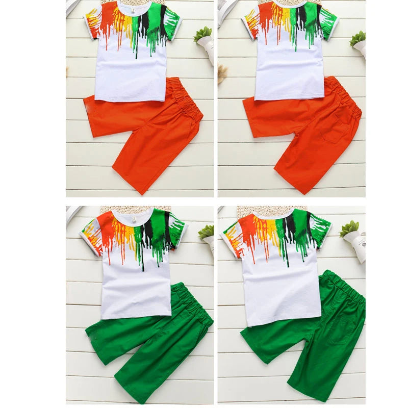 2024 New Summer Boys Clothing Set Casual Hip-hop Stripe Colorful T-Shirt + Pants 2Pcs Suit Kindergarten Performance Kids Clothes