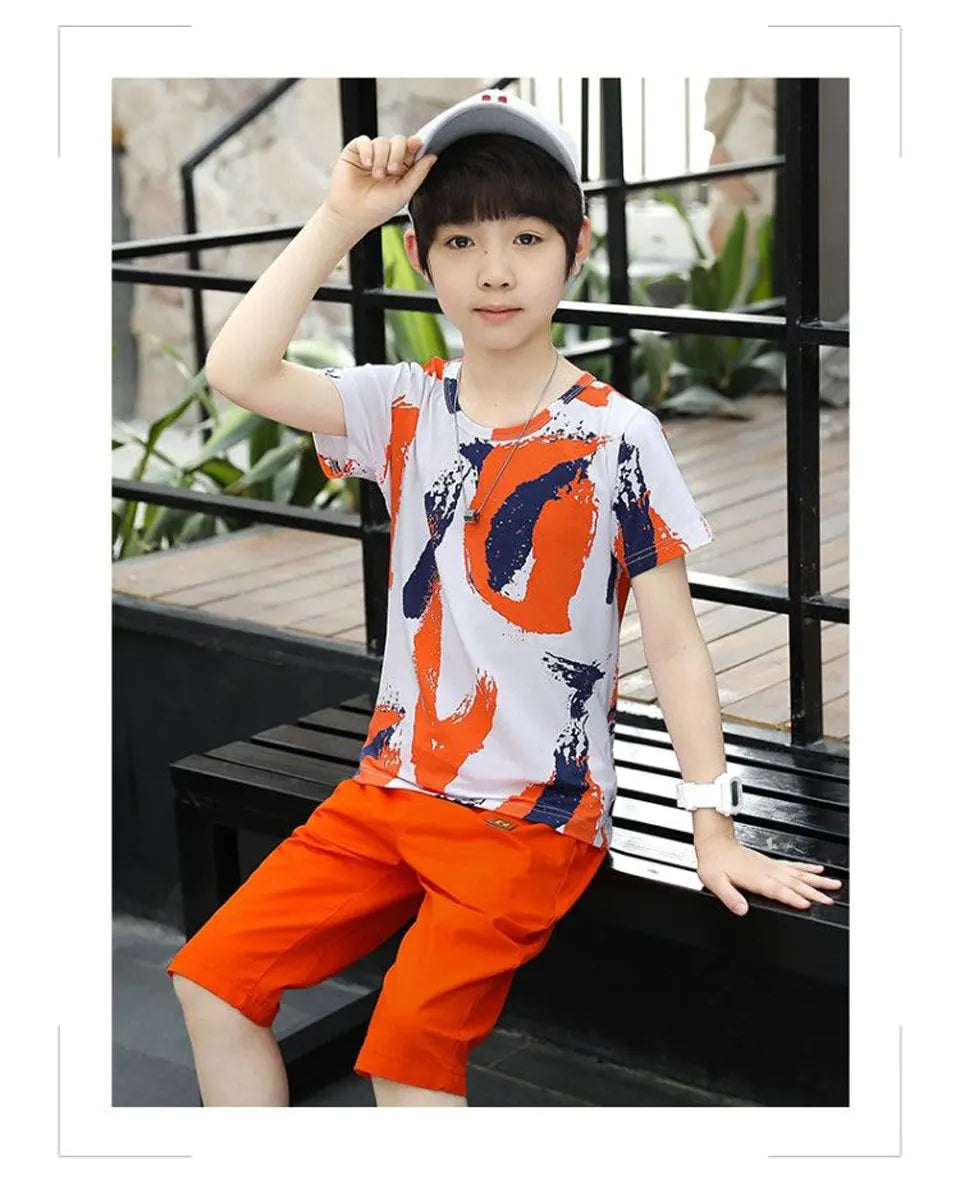 Boys Clothing Sets Summer 2024 Cotton Teenage Kids Boys Suit For 4 6 8 10 12 14 Years Children Short Sleeve Shirt Shorts Set