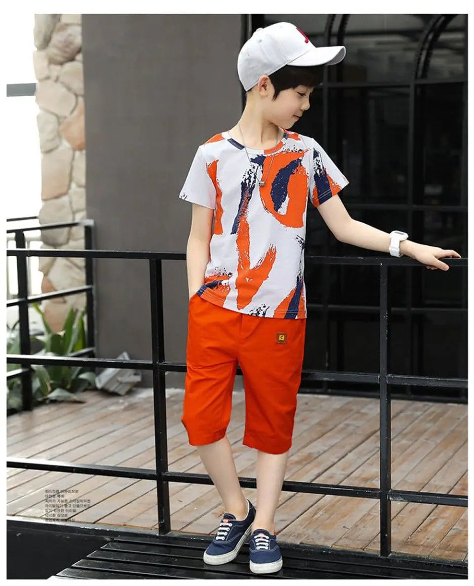 Boys Clothing Sets Summer 2024 Cotton Teenage Kids Boys Suit For 4 6 8 10 12 14 Years Children Short Sleeve Shirt Shorts Set