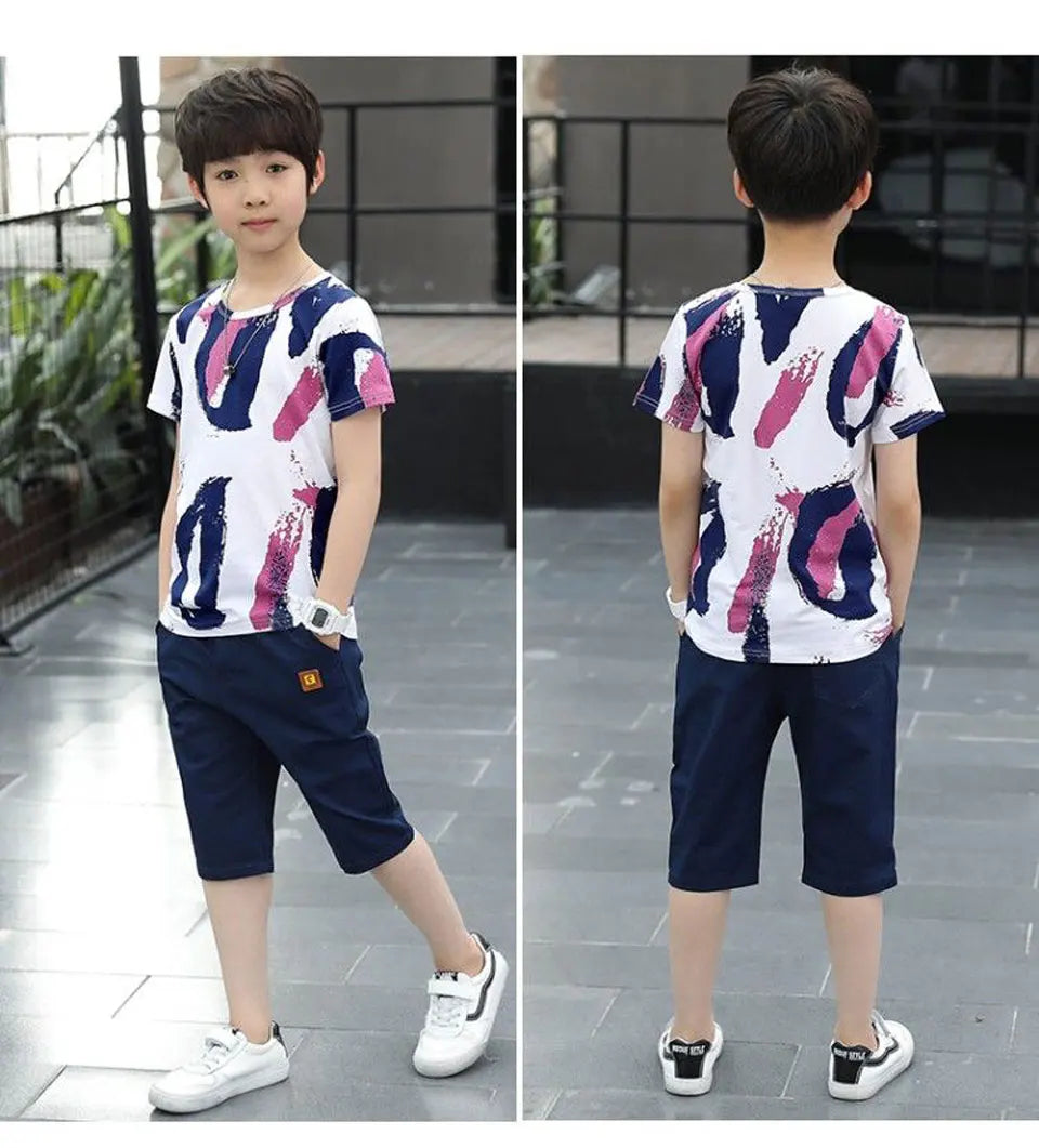 Boys Clothing Sets Summer 2024 Cotton Teenage Kids Boys Suit For 4 6 8 10 12 14 Years Children Short Sleeve Shirt Shorts Set