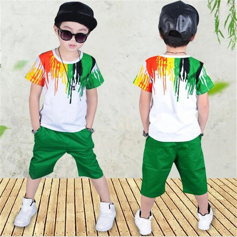 2024 New Summer Boys Clothing Set Casual Hip-hop Stripe Colorful T-Shirt + Pants 2Pcs Suit Kindergarten Performance Kids Clothes