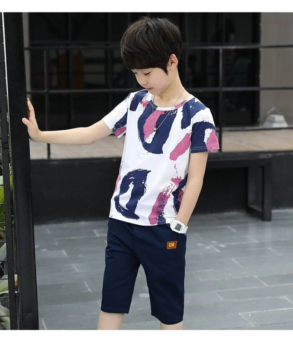 Boys Clothing Sets Summer 2024 Cotton Teenage Kids Boys Suit For 4 6 8 10 12 14 Years Children Short Sleeve Shirt Shorts Set