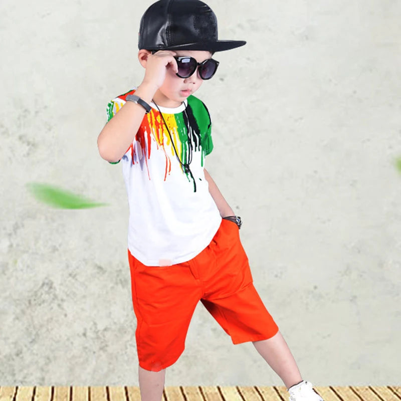 2024 New Summer Boys Clothing Set Casual Hip-hop Stripe Colorful T-Shirt + Pants 2Pcs Suit Kindergarten Performance Kids Clothes