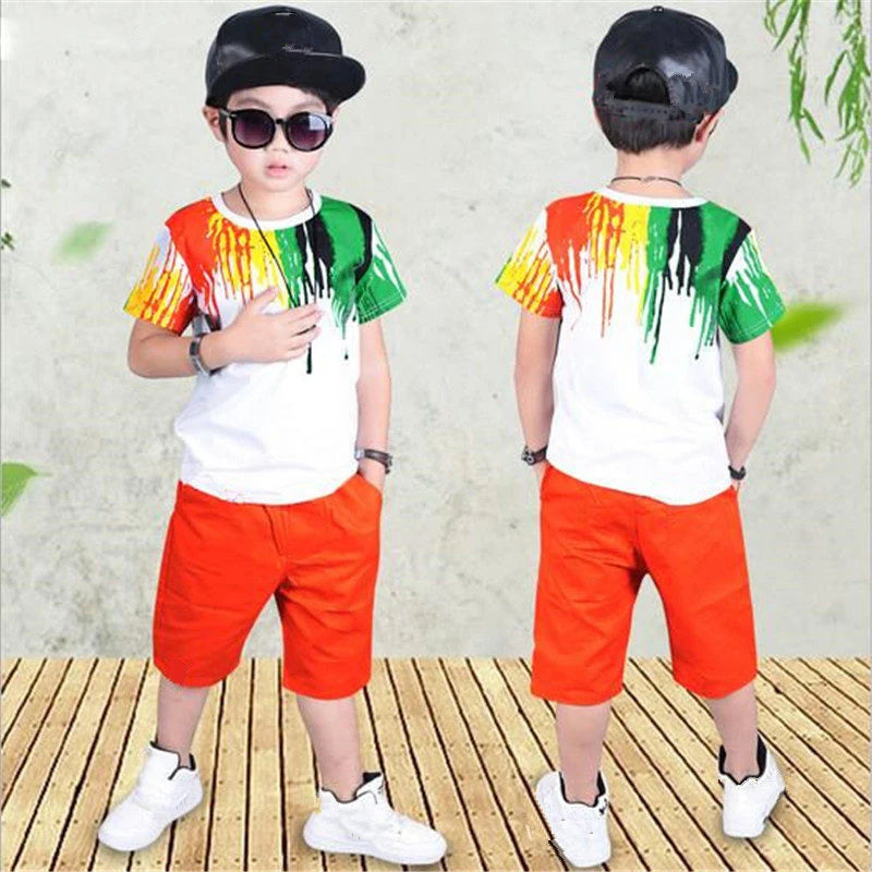 2024 New Summer Boys Clothing Set Casual Hip-hop Stripe Colorful T-Shirt + Pants 2Pcs Suit Kindergarten Performance Kids Clothes