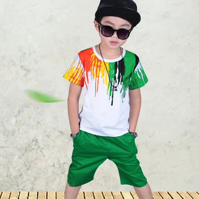 2024 New Summer Boys Clothing Set Casual Hip-hop Stripe Colorful T-Shirt + Pants 2Pcs Suit Kindergarten Performance Kids Clothes