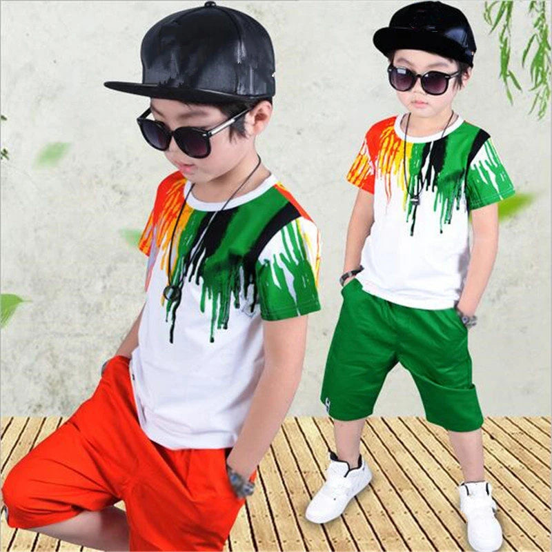 2024 New Summer Boys Clothing Set Casual Hip-hop Stripe Colorful T-Shirt + Pants 2Pcs Suit Kindergarten Performance Kids Clothes