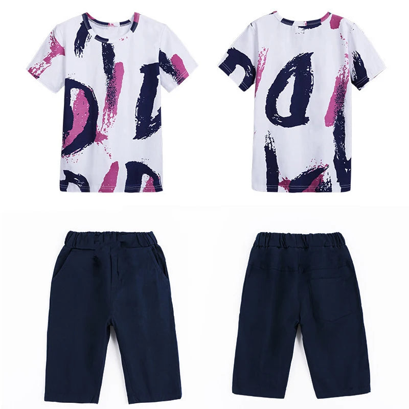 2024 New Summer Boys Clothing Set Casual Hip-hop Stripe Colorful T-Shirt + Pants 2Pcs Suit Kindergarten Performance Kids Clothes