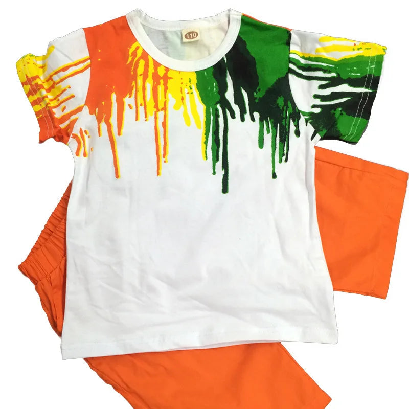 2024 New Summer Boys Clothing Set Casual Hip-hop Stripe Colorful T-Shirt + Pants 2Pcs Suit Kindergarten Performance Kids Clothes