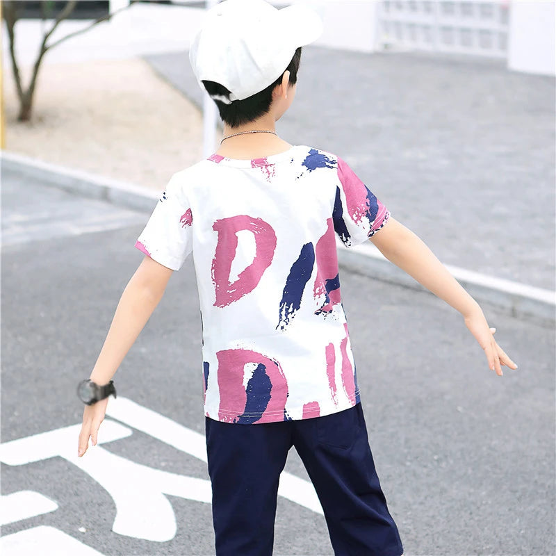 2024 New Summer Boys Clothing Set Casual Hip-hop Stripe Colorful T-Shirt + Pants 2Pcs Suit Kindergarten Performance Kids Clothes