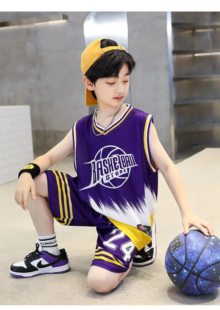 Boys Summer Quick-Dry Basketball Sports Suits 4-14 Years Boys Sleeveless Vset+Short Pants 2pcs Sets Kids Sports Outfits Clothing