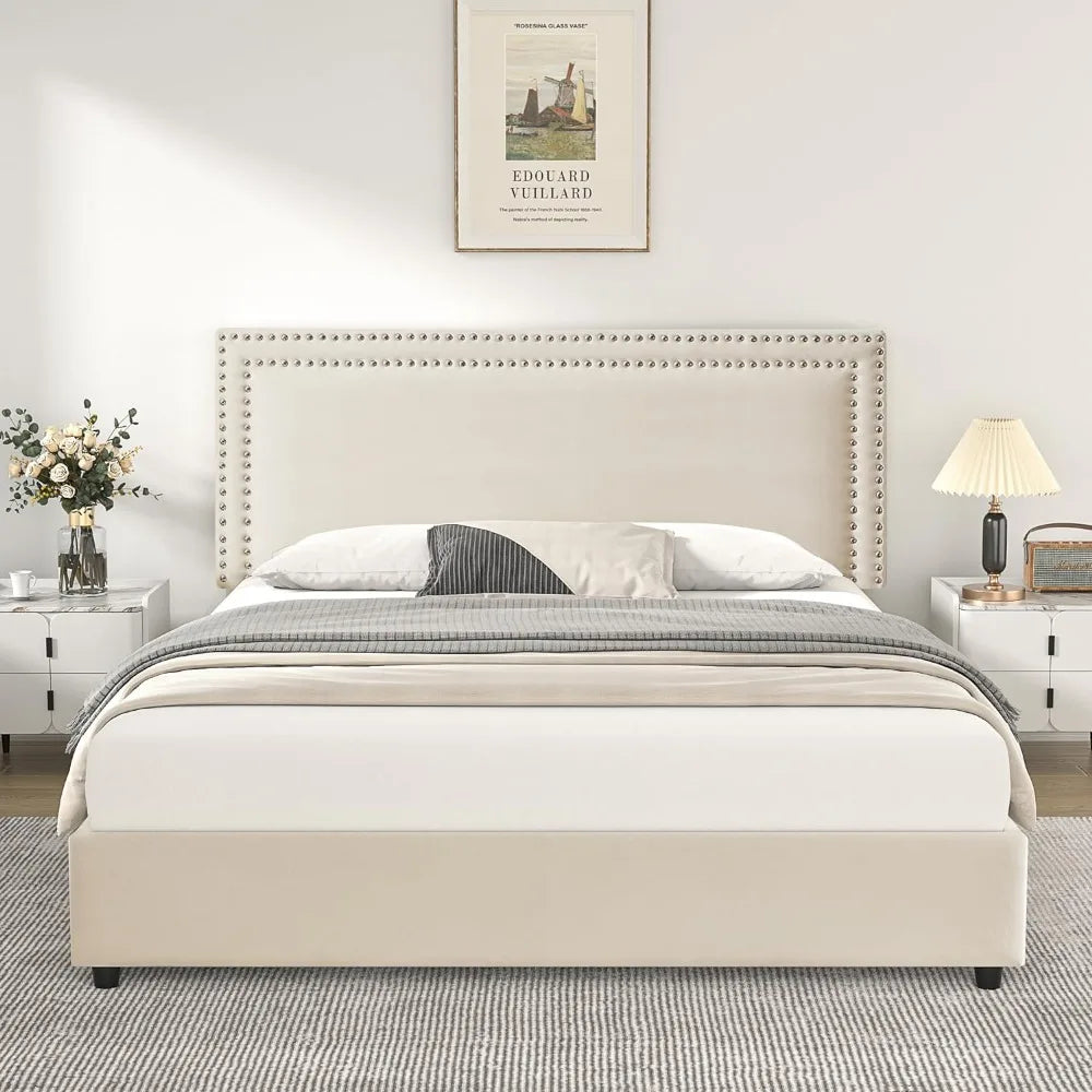 Queen Size Upholstered Platform Bed Frame with 4 Storage Drawers, Adjustable Velvet Rivets Headboard, Wooden Slats Support