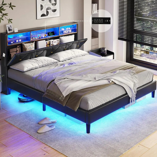 Queen Bed Frame with LED Lights & Charging Station,LED Bed Frame Queen Size with Storage Shelf Headboard