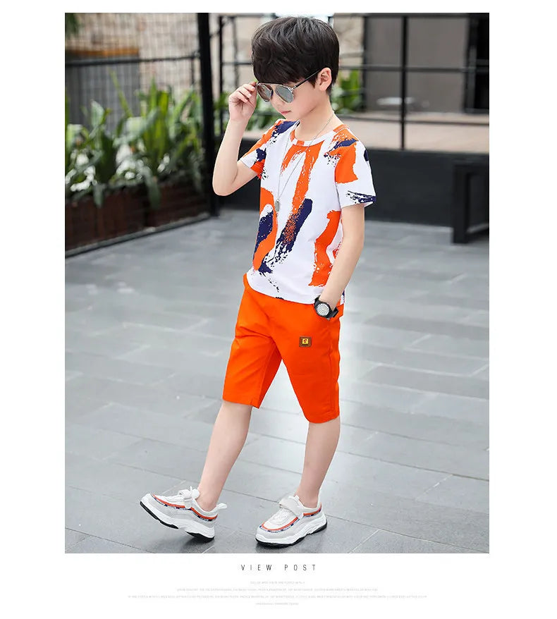 Children clothes Boys Clothing Sets Summer Cotton Teenage Kids  Suit For 4 6 8 10 12 14 Years Short Sleeve Shirt Shorts Set