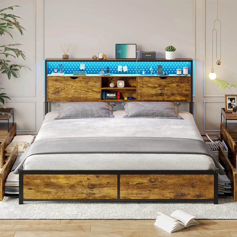 Bed Frame with Storage & LED Light Headboard, Metal Platform Bed Frame with Charging Station, Bed Frame with Shelf Headboard