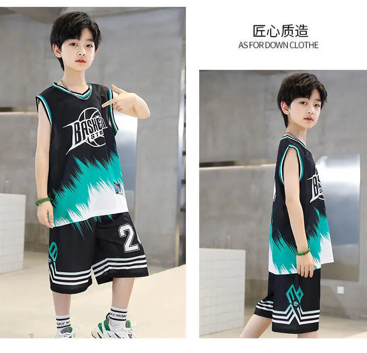 Boys Summer Quick-Dry Basketball Sports Suits 4-14 Years Boys Sleeveless Vset+Short Pants 2pcs Sets Kids Sports Outfits Clothing