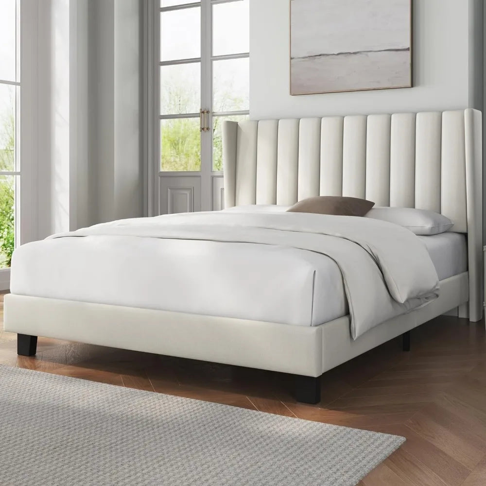 Queen Bed Frame Upholstered Platform Bed with Fabric Headboard, Wing Edge Design/Non-Slip and Noise-Free/Wooden