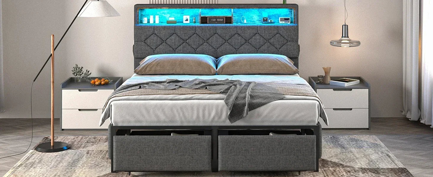 LED Bed Frame with Headboard, Queen Platform Bed Frames with Storage Drawers and Charging Station, Queen Size Bed Frame