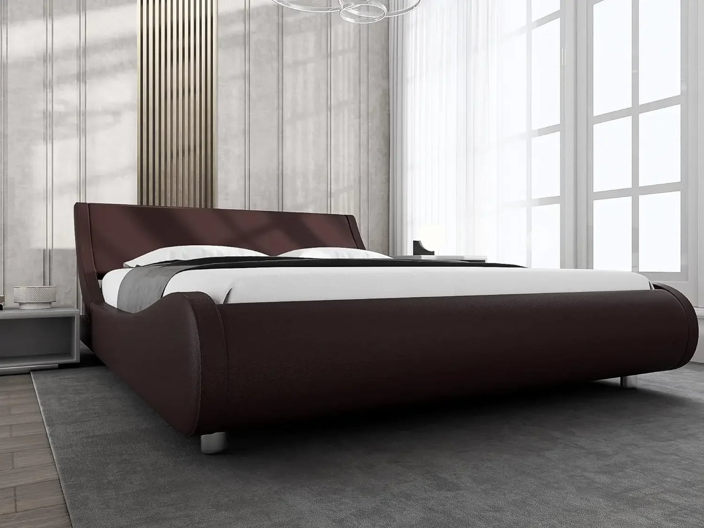 Bed Frame Modern Low-profile Toboggan Bed with Faux Leather Headboard for Easy Assembly of Upholstered Queen Platform Bed