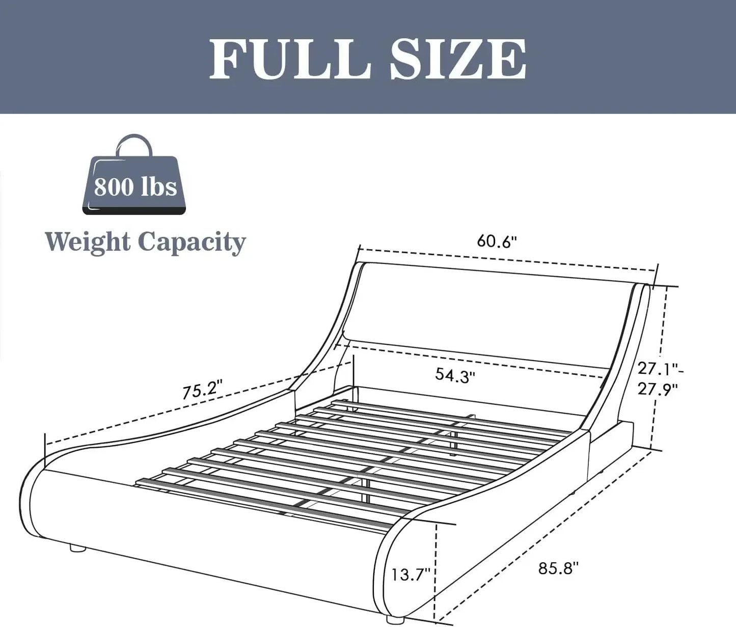 Bed Frame Modern Low-profile Toboggan Bed with Faux Leather Headboard for Easy Assembly of Upholstered Queen Platform Bed