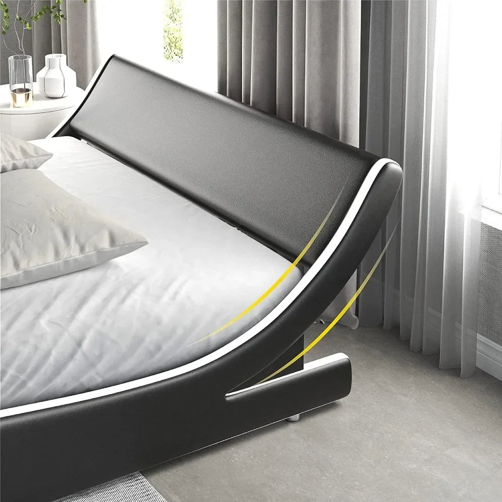 Bed Frame Modern Low-profile Toboggan Bed with Faux Leather Headboard for Easy Assembly of Upholstered Queen Platform Bed