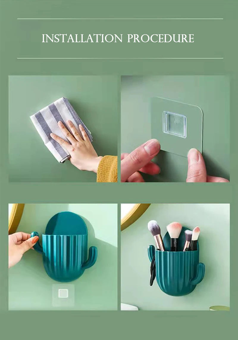 Wall Self-adhesive Storage Rack Toothpaste Holder  Brush Holder Cactus Storage Toothbrush Holder Wall  Bathroom Accessorie