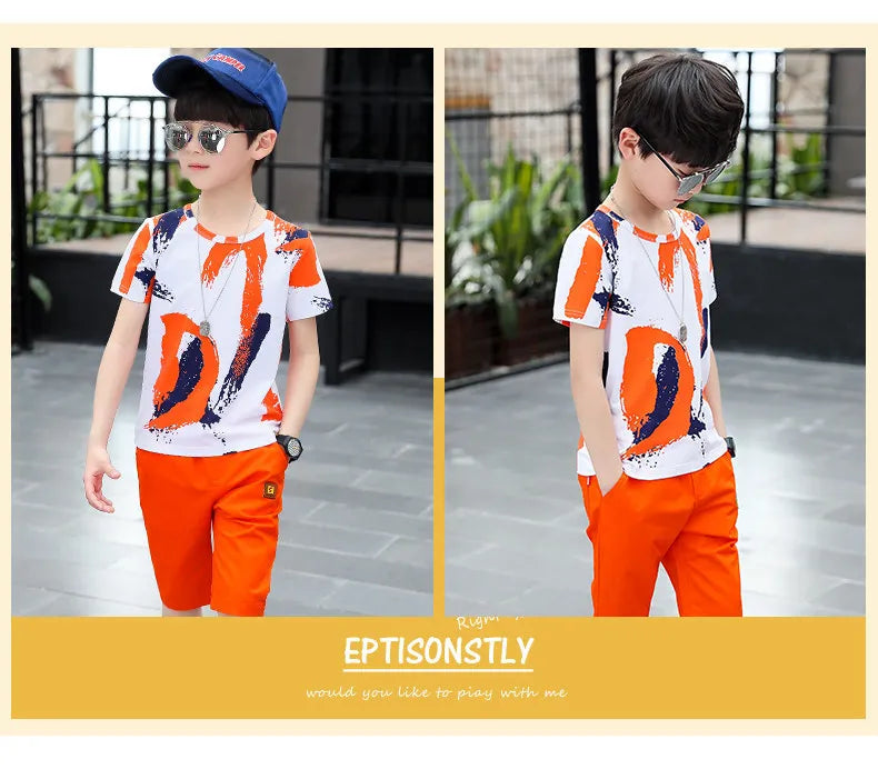 Children clothes Boys Clothing Sets Summer Cotton Teenage Kids  Suit For 4 6 8 10 12 14 Years Short Sleeve Shirt Shorts Set