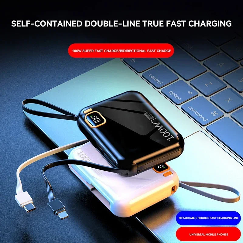 30000mah Portable Mini Power Bank PD100W Detachable USB to TYPE C Cable Fast Charging Powerbank For iPhone Xiaomi Samsung 2024