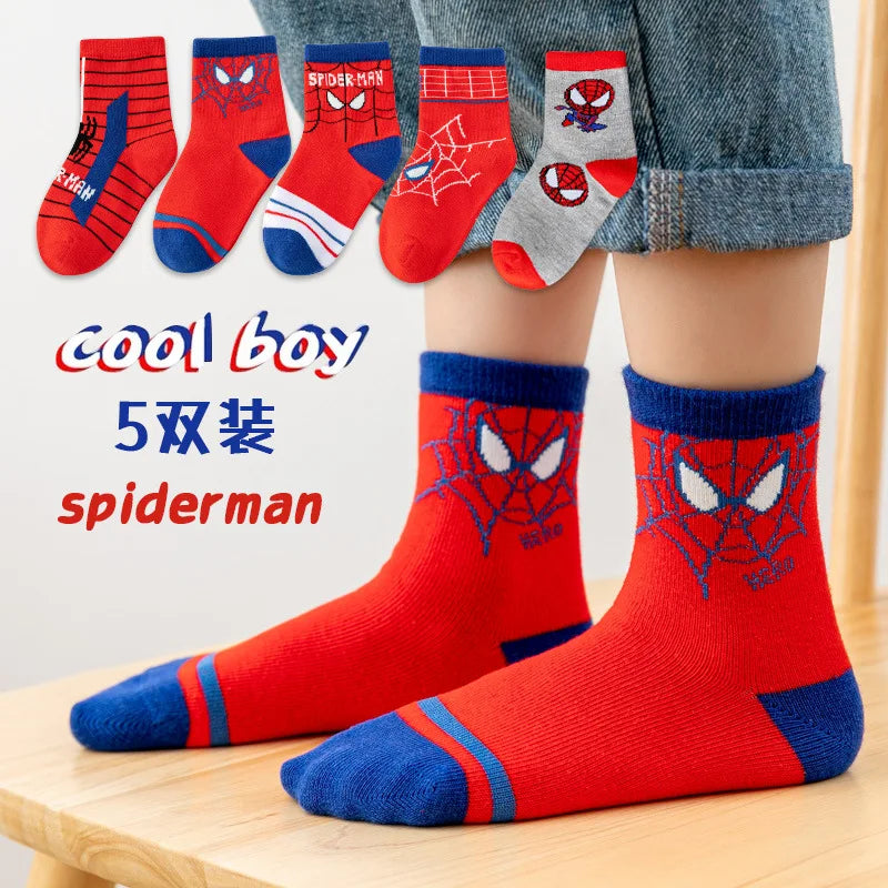 5 Pairs Marvel Kids Socks Mesh Breathable Ice Thin Socks Summer Kawaii Spider-Man Cartoon Childrens Mid-calf Cotton Sock for Boy