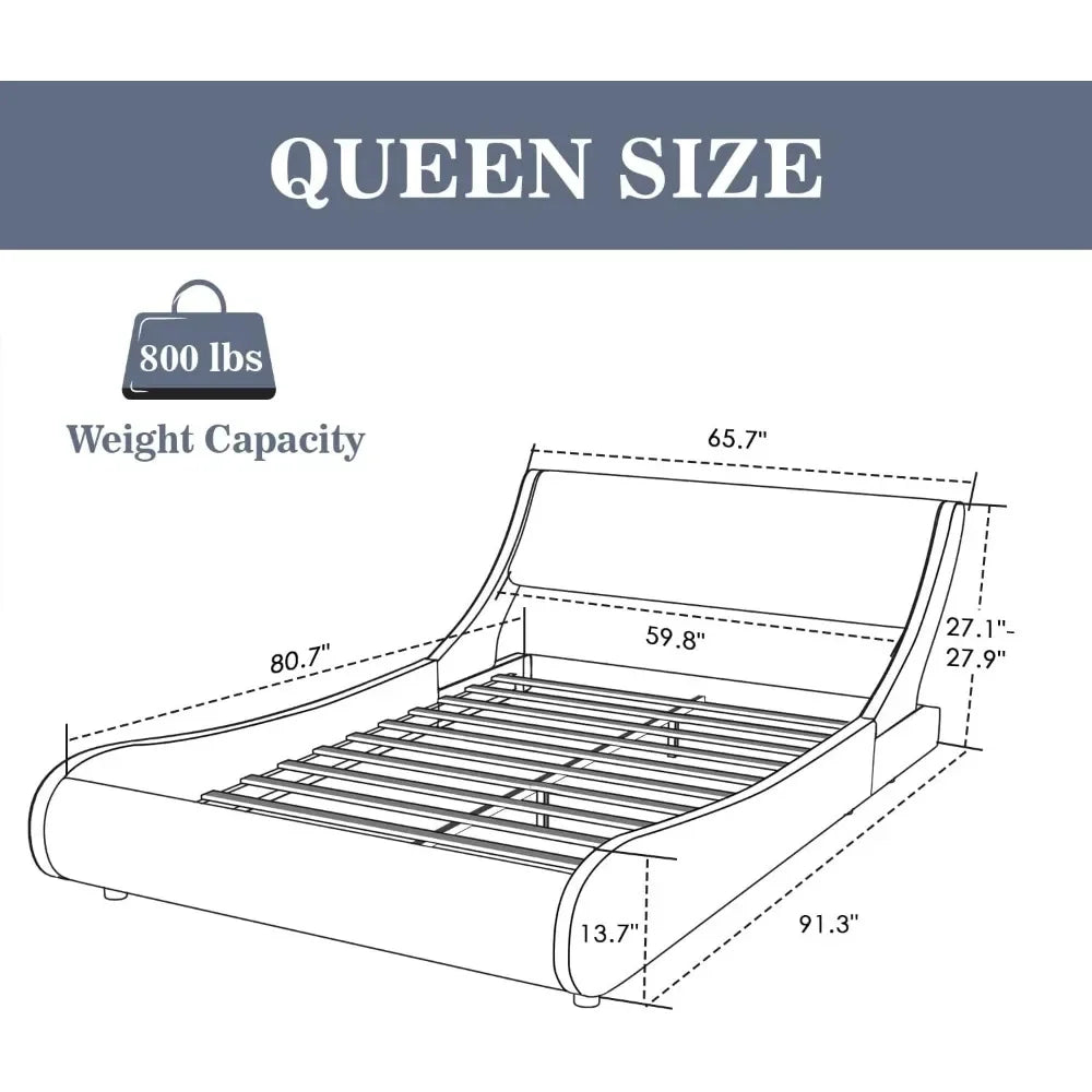 Bed Frame Modern Low-profile Toboggan Bed with Faux Leather Headboard for Easy Assembly of Upholstered Queen Platform Bed