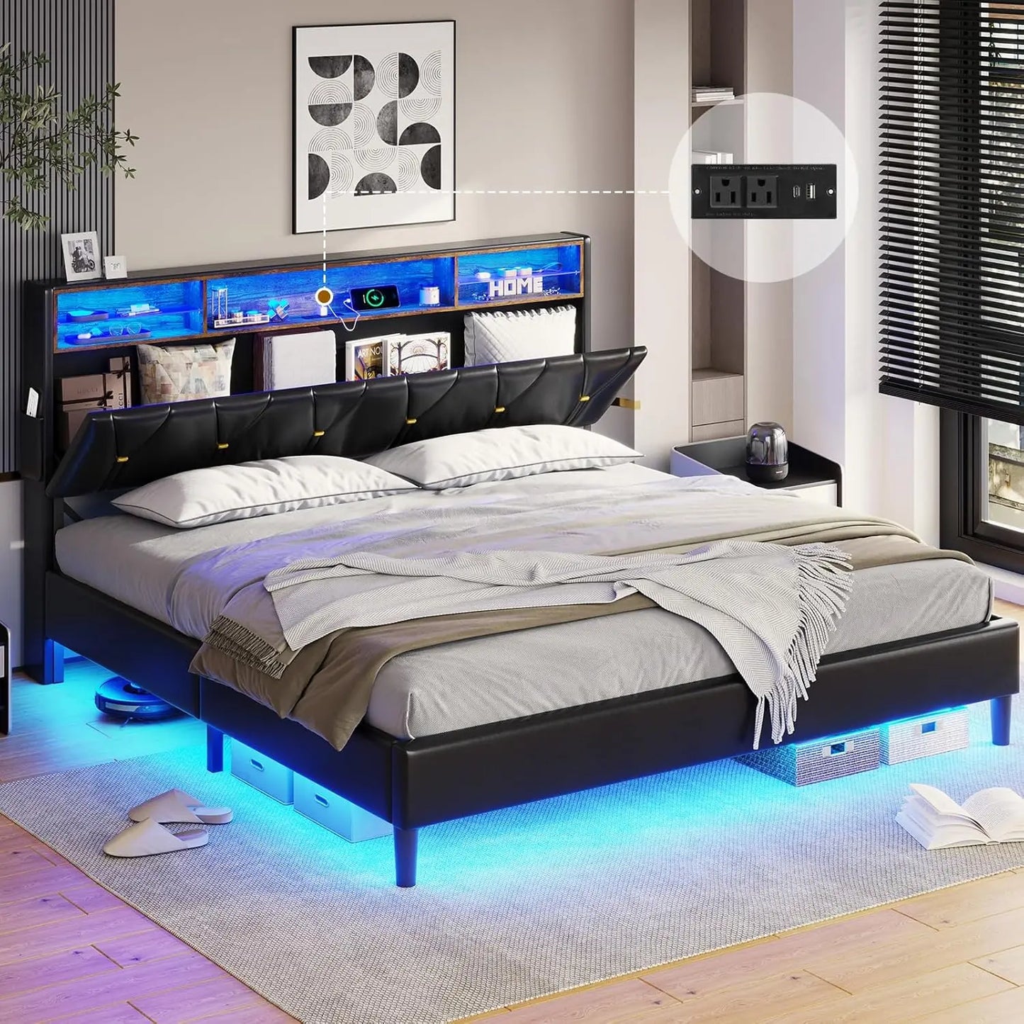 Queen Bed Frame with LED Lights & Charging Station,LED Bed Frame Queen Size with Storage Shelf Headboard