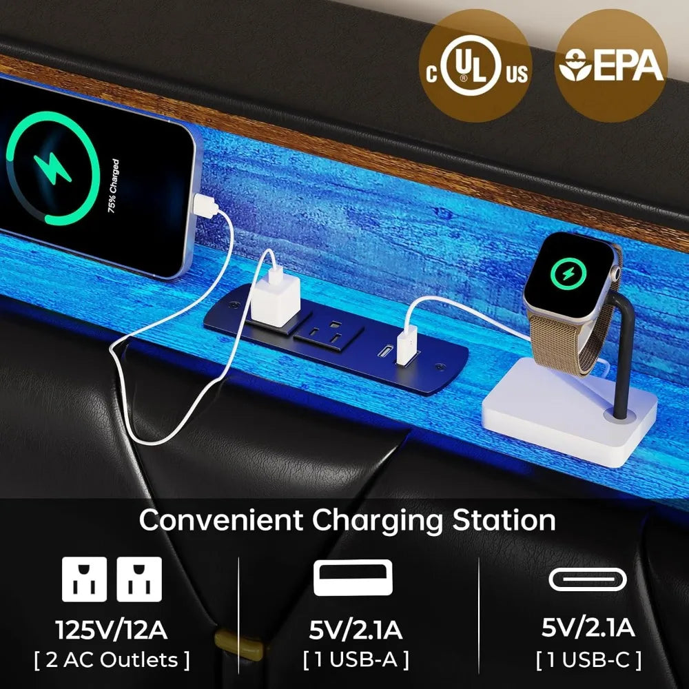 Queen Bed Frame with LED Lights & Charging Station,LED Bed Frame Queen Size with Storage Shelf Headboard