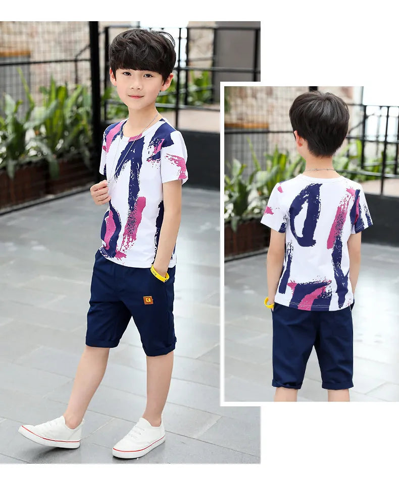 Children clothes Boys Clothing Sets Summer Cotton Teenage Kids  Suit For 4 6 8 10 12 14 Years Short Sleeve Shirt Shorts Set