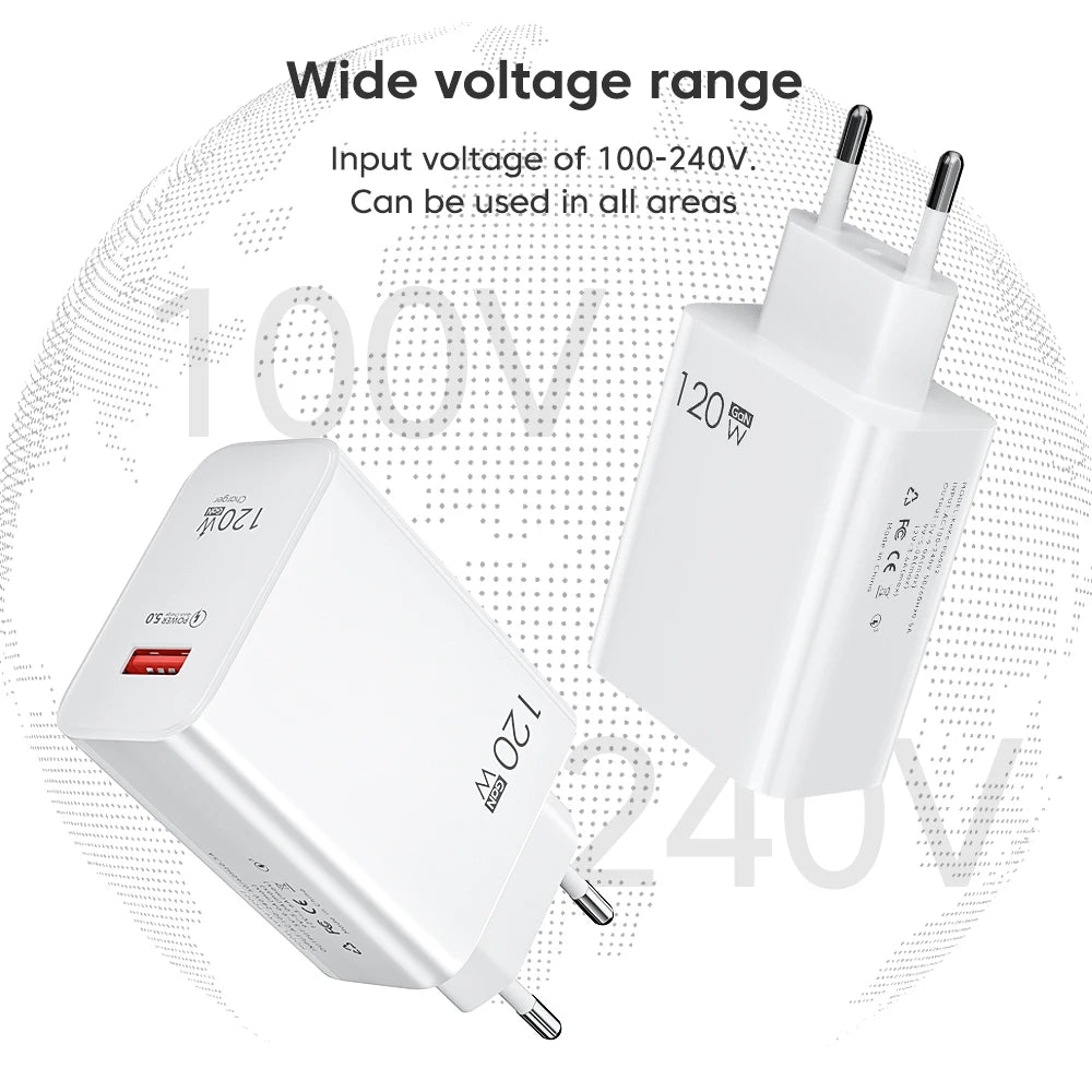 120W USB Charger Quick Charge 3.0 USB C Cable Type C Charge Cable Fast Phone Charger Wall Adapter for iPhone iPad Xiaomi Samsung