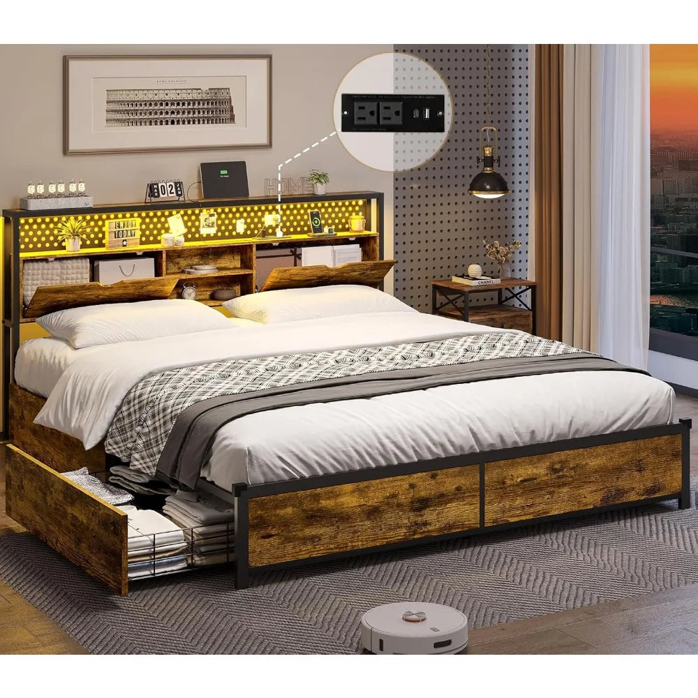 Bed Frame with Storage & LED Light Headboard, Metal Platform Bed Frame with Charging Station, Bed Frame with Shelf Headboard