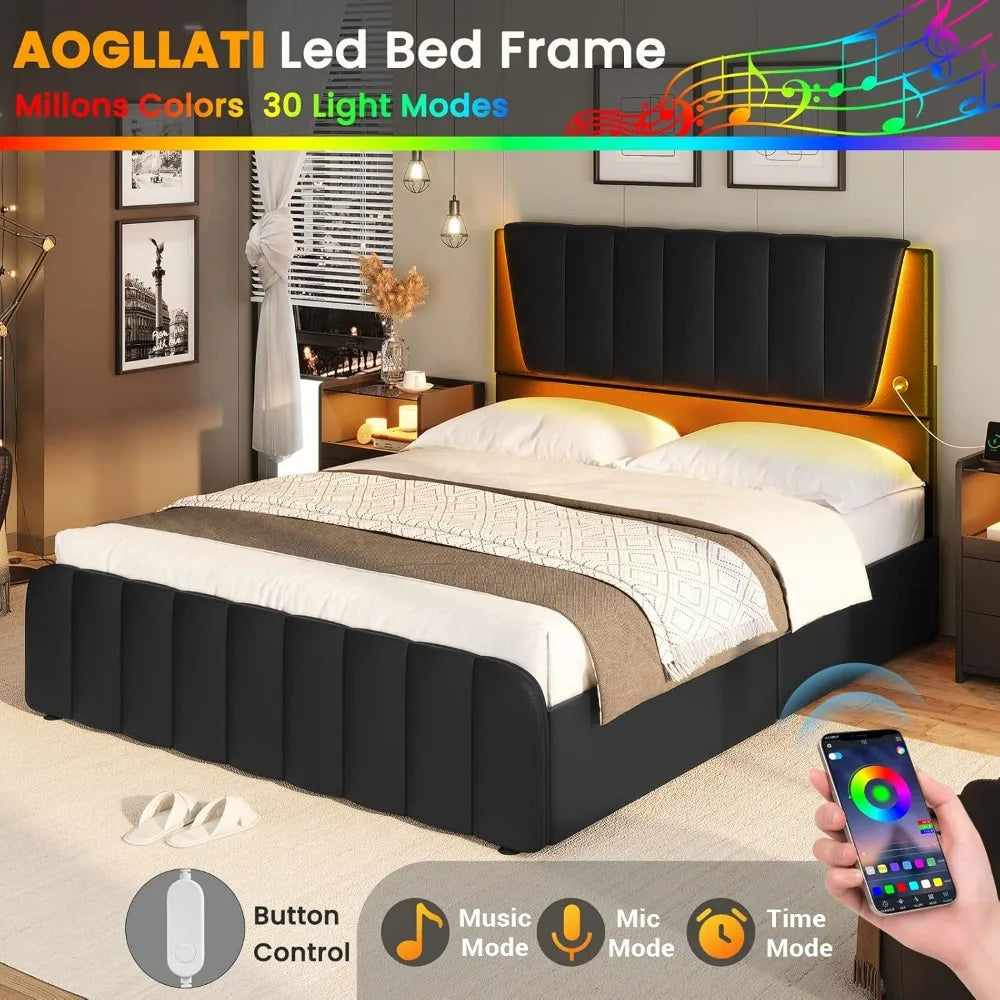 Queen Bed Frame with Headboard and 4 Storage Drawers, Platform Bed Frame Queen Size with Led Light & 2 USB Ports