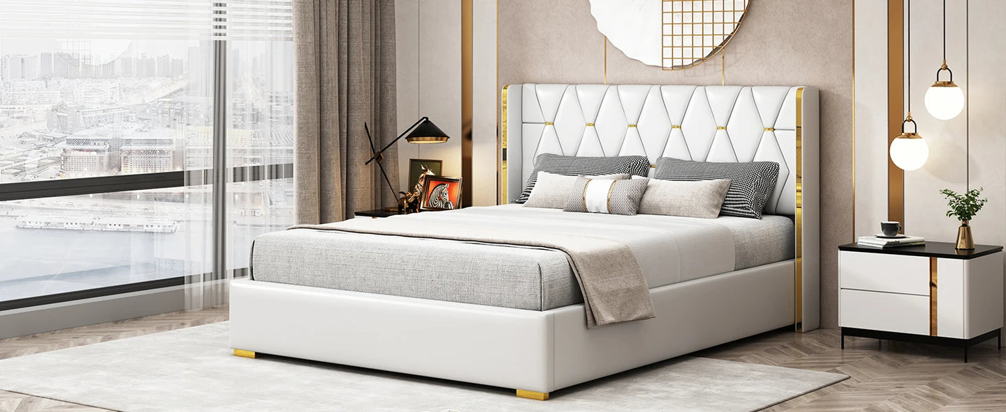 Queen Size Upholstered Soft Bed,Luxurious PU Leather Platform Bed with Wingback and Slat Support,No Box Spring Needed, Off White