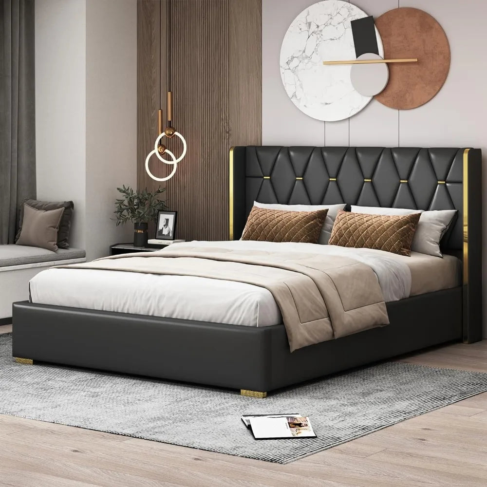 Queen Size Upholstered Soft Bed,Luxurious PU Leather Platform Bed with Wingback and Slat Support,No Box Spring Needed, Off White