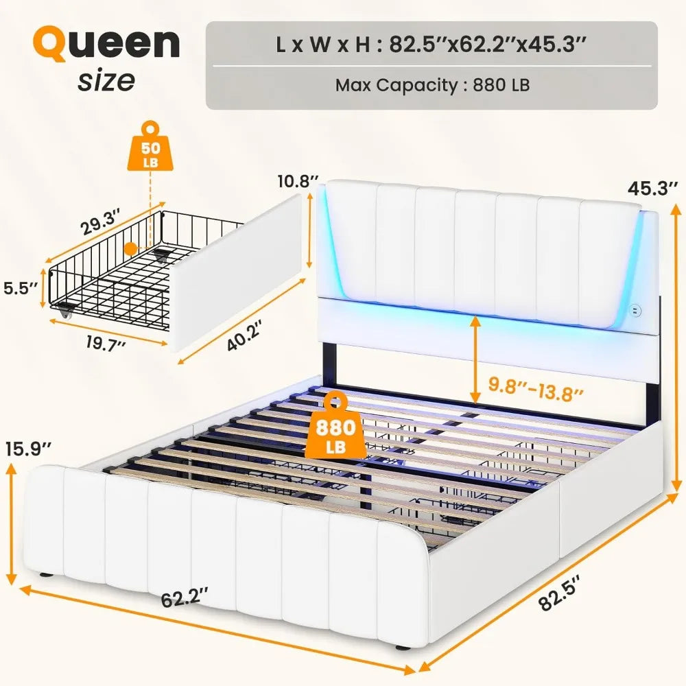 Queen Bed Frame with Headboard and 4 Storage Drawers, Platform Bed Frame Queen Size with Led Light & 2 USB Ports