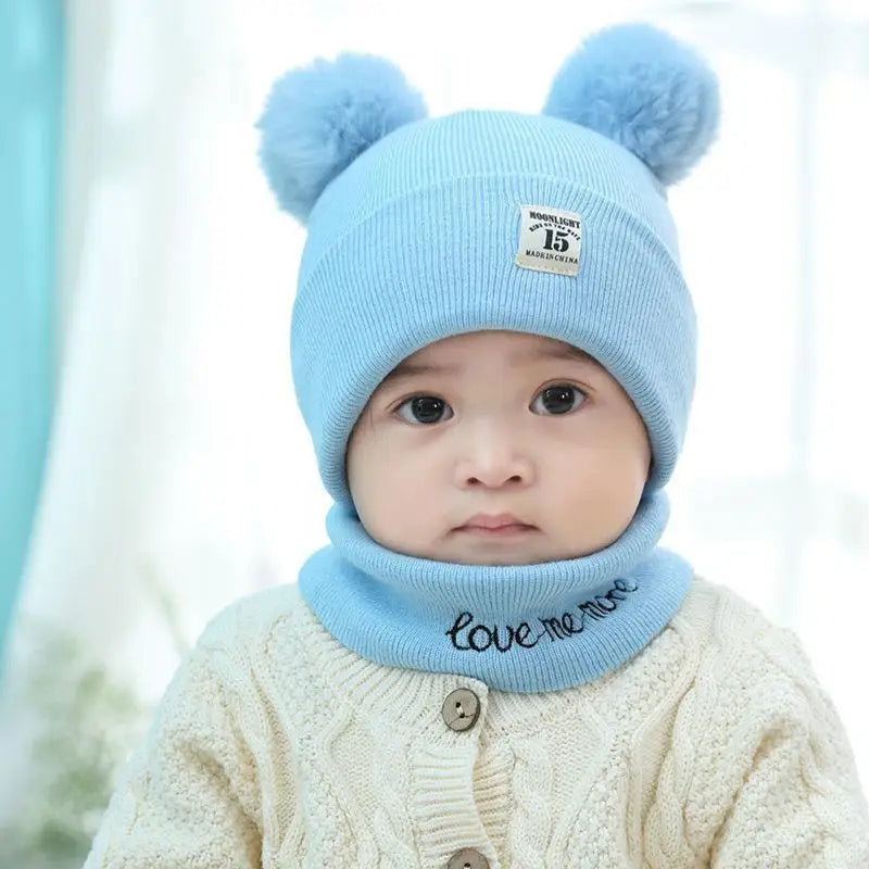 Winter Warm Baby Knitted Hats with Scarf Kids Knit Beanie Hats Solid Color Children's Hat for Toddler Boys Girls Accessories