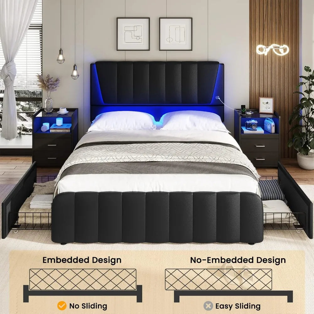 Queen Bed Frame with Headboard and 4 Storage Drawers, Platform Bed Frame Queen Size with Led Light & 2 USB Ports