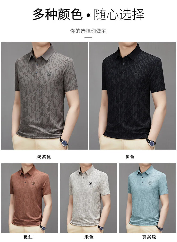 High end brand polo shirt short sleeved men's light luxury embossed top silk cool casual 2024 summer breathable lapel T-shirt