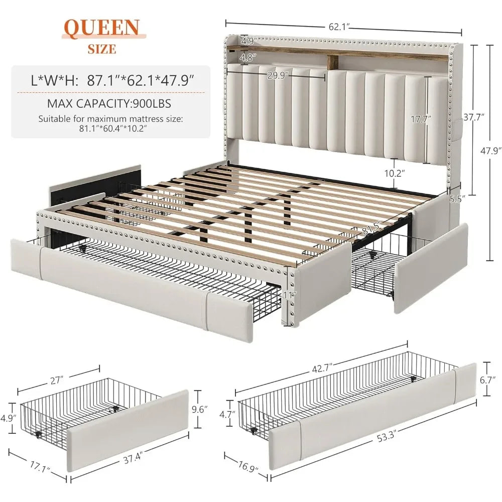 Queen size upholstered bed frame, Queen bed frame with 3 drawers, Queen size bed frame with headboard